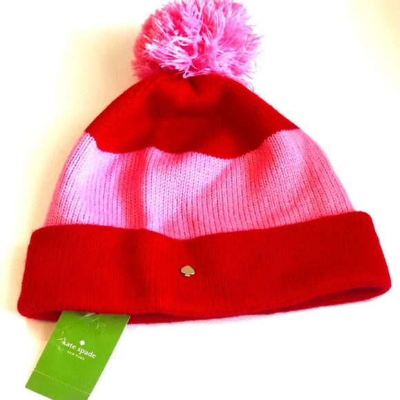 NWT KATE SPADE Color Block Pom-Pom Beanie Pink\\Red w Gold Metal Spade ♠️ Charm